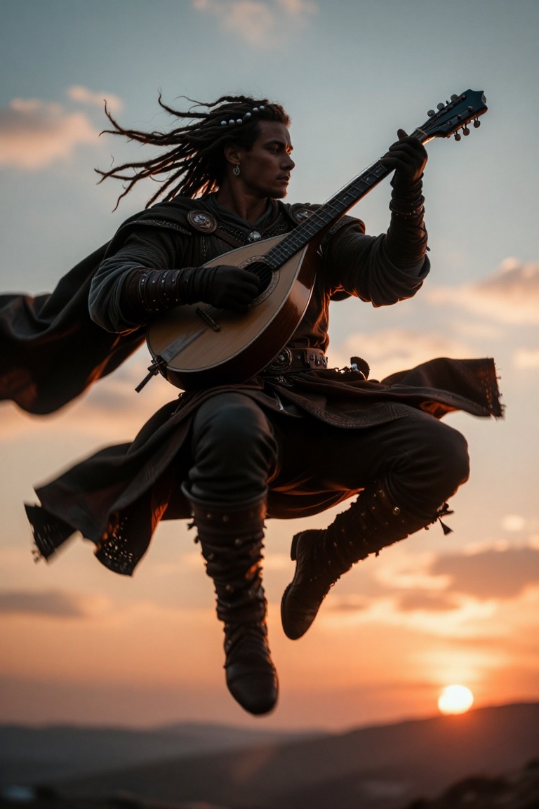 The image depicts a person playing a stringed instrument,  possibly a lute or mandolin,  while standing against a backdrop...