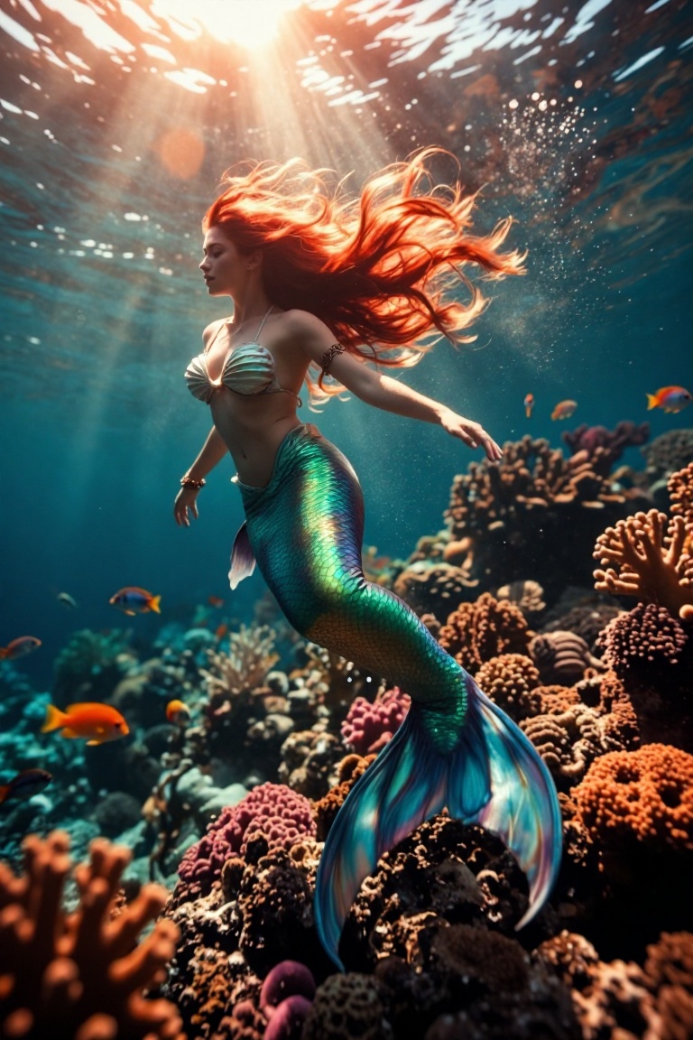 The image depicts a vibrant underwater scene with a mermaid swimming gracefully. The mermaid has long,  flowing red hair a...
