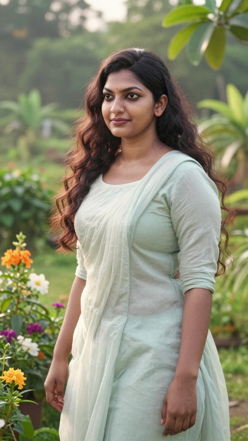 Detailed image of a kerala woman standing in a lush garden,  bathed in morning sunlight,  with soft pastel colors and a se...