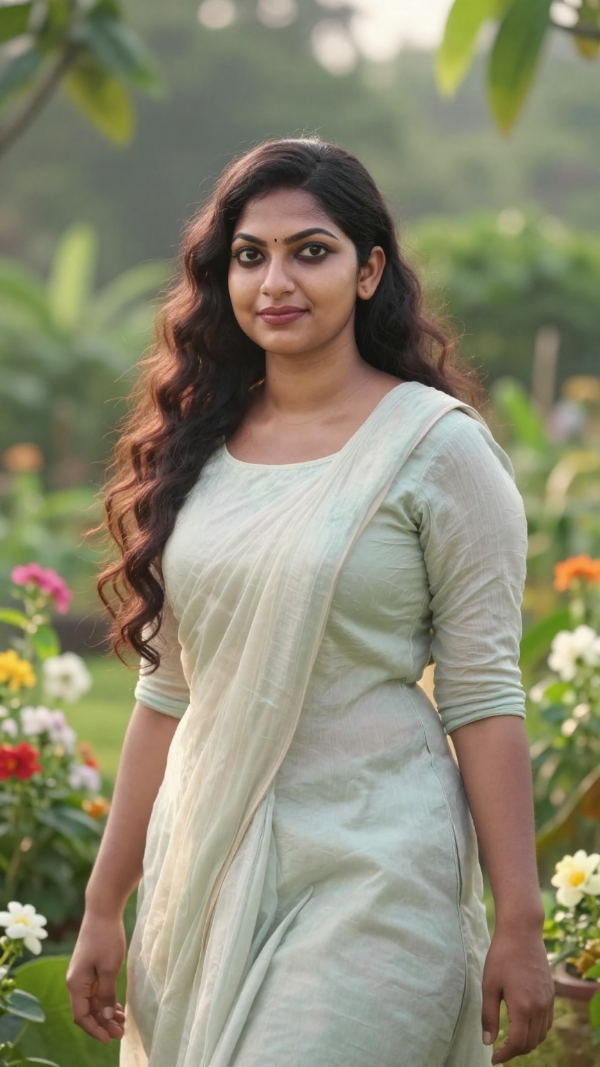 Detailed image of a kerala woman standing in a lush garden,  bathed in morning sunlight,  with soft pastel colors and a se...