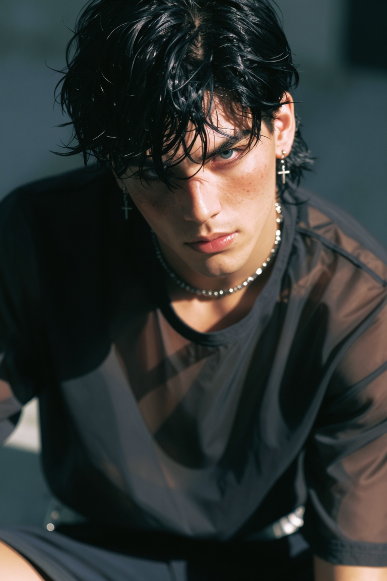 A close-up portrait of a young man looking directly at the viewer under harsh afternoon light. He has jet black,  wavy hai...