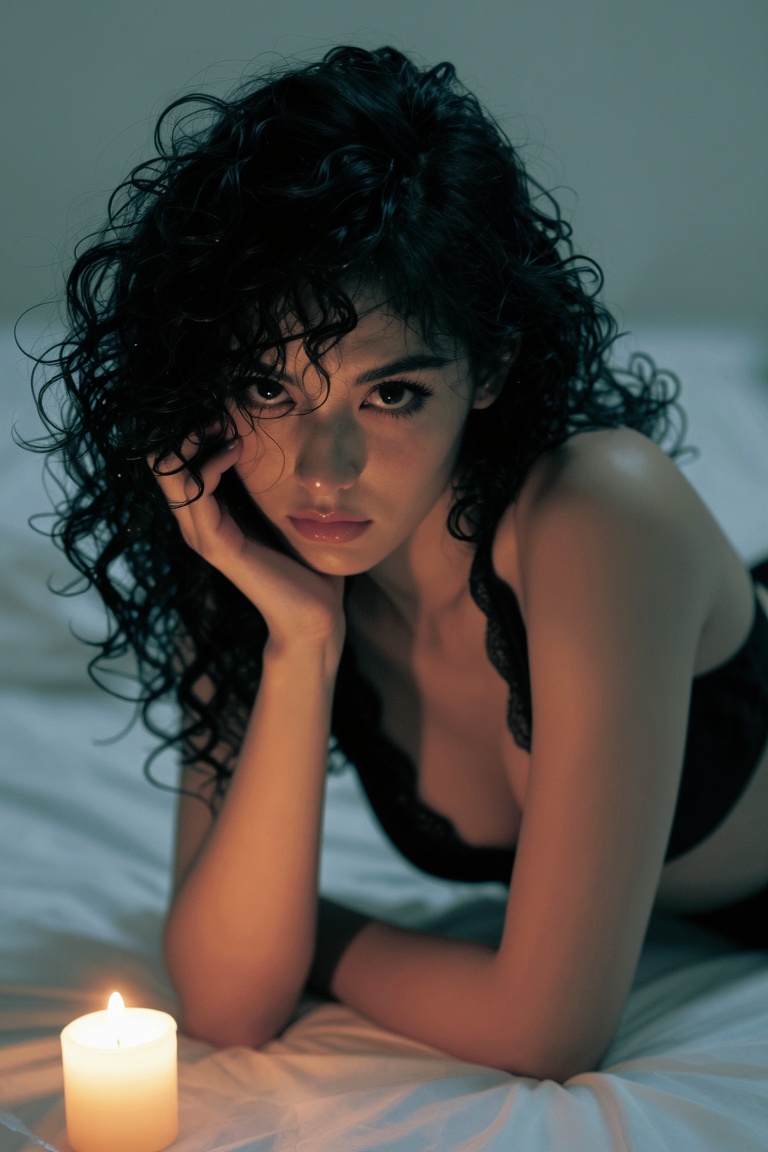 Midnight black curls cascading around her shoulders,  leaning forward slightly with her chin resting on her hand,  wearing...