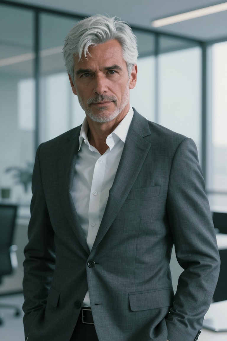 A 50-year-old silver-haired man in a charcoal slim-fit suit,  standing in a modern glass office,  looking confidently at t...