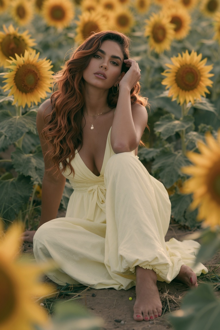 A Latina woman with long wavy hair sitting in a sunflower field,  wearing a flowy cream dress,  barefoot on Tensor.Art