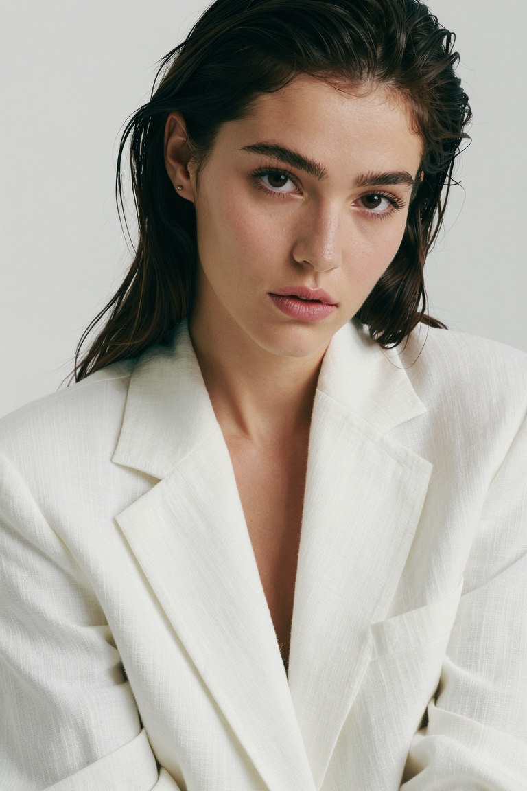 A 28-year-old woman with sharp cheekbones and deep brown eyes,  wearing an oversized white linen blazer,  soft studio ligh...
