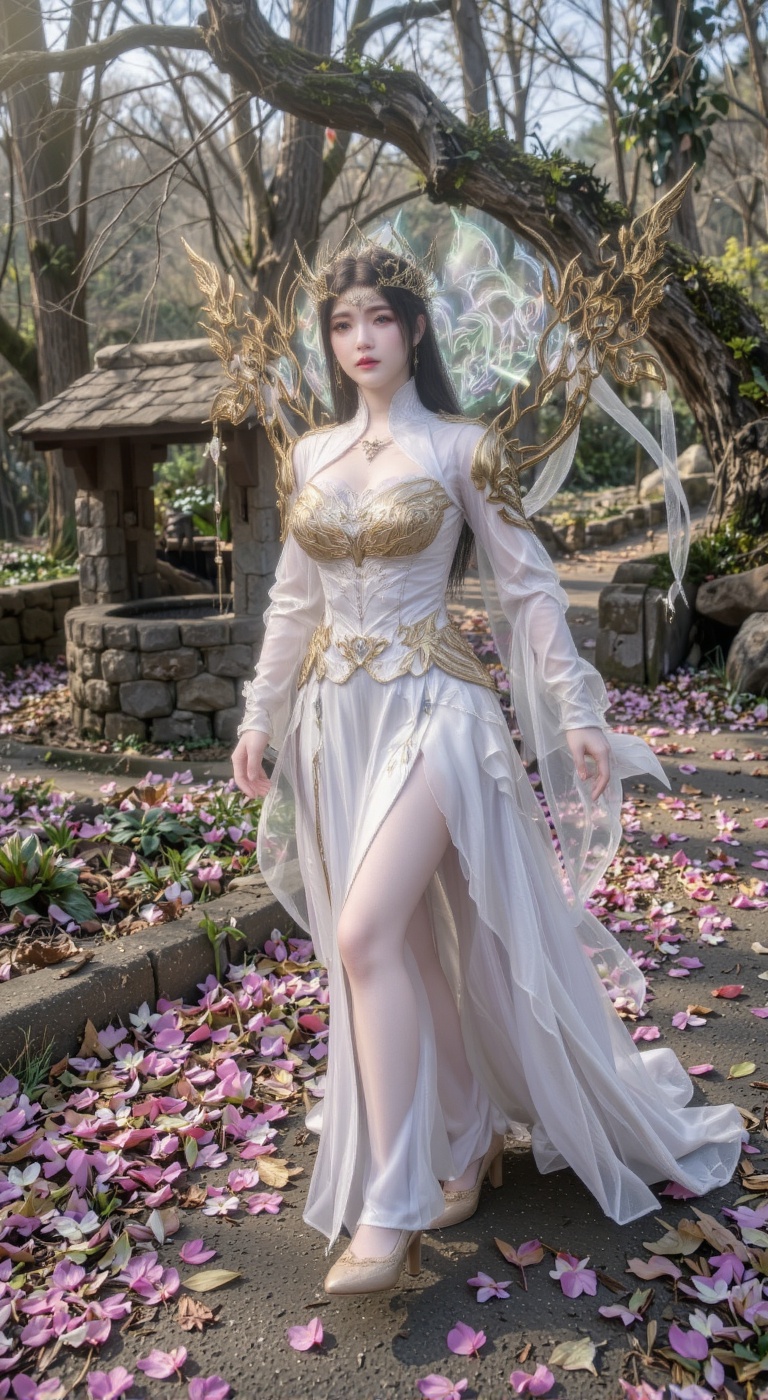Positioned far left in the frame to create an asymmetrical composition,  the subject is captured mid-step,  her body orien...