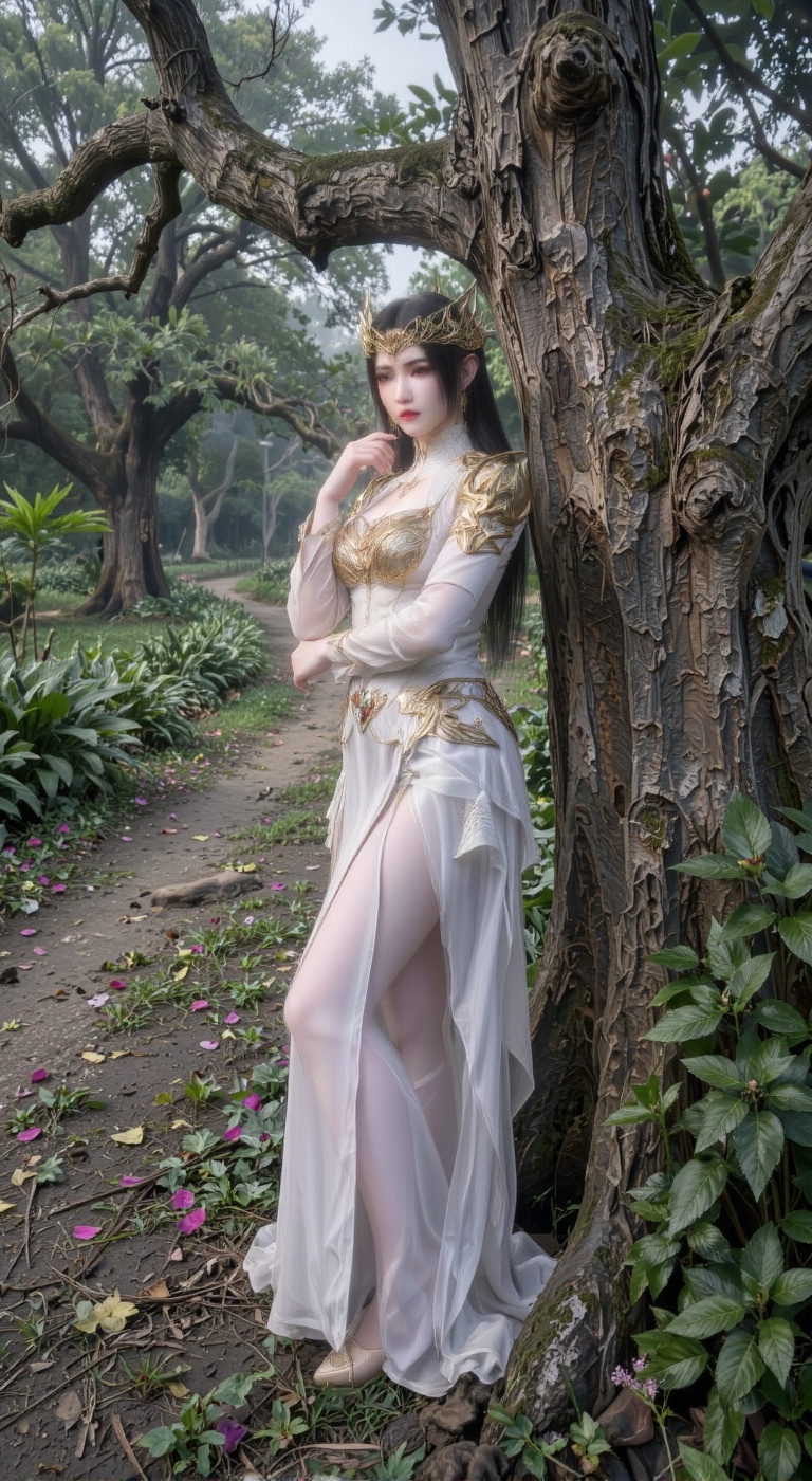 In a dramatic three-quarter profile view,  the subject turns her head slightly toward the viewer with a thoughtful,  melan...
