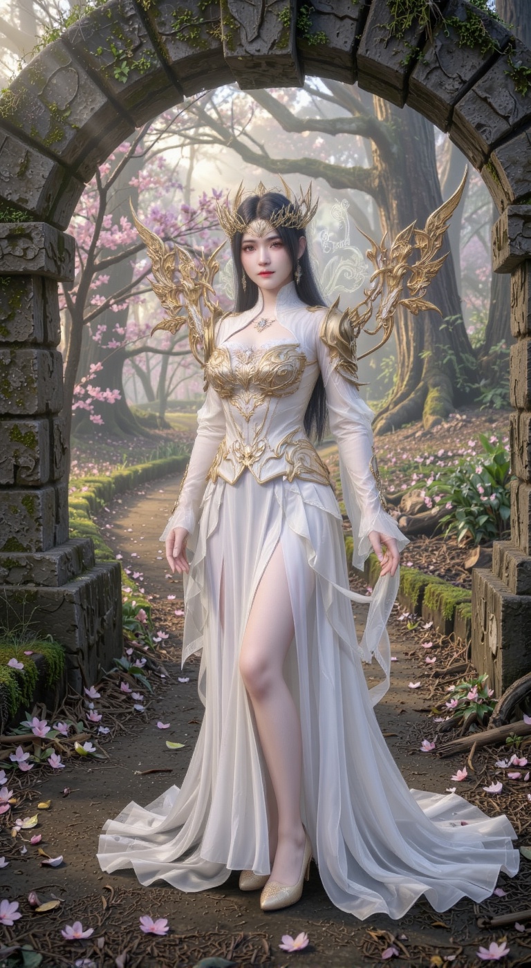 Standing gracefully in the center of the frame,  the subject exudes an aura of serene nobility while wearing an opulent,...