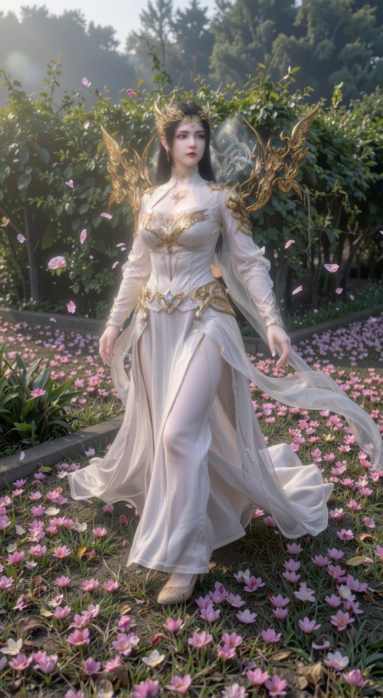 In an elegant,  dynamic pose that suggests a slow,  deliberate walk forward on Tensor.Art