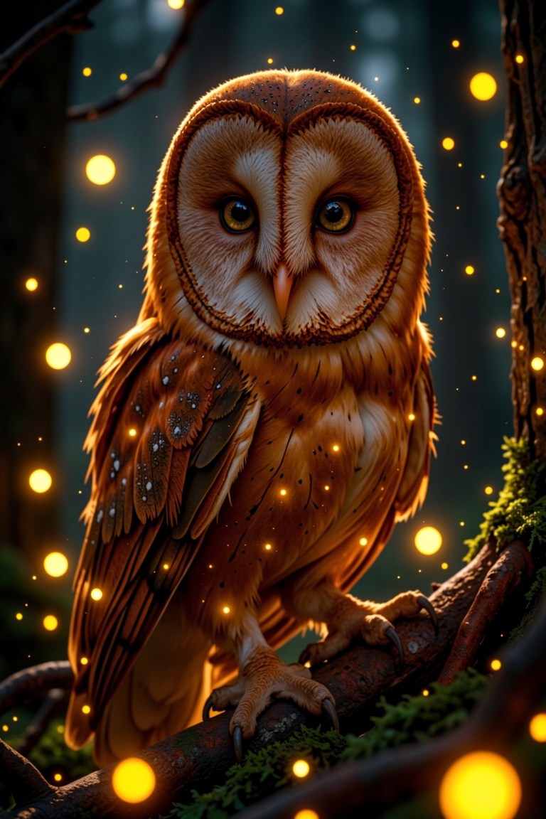 Beautiful barn owl with luxurious rust velvet feathers glowing under firefly light,  delicate individual feathers visible,...