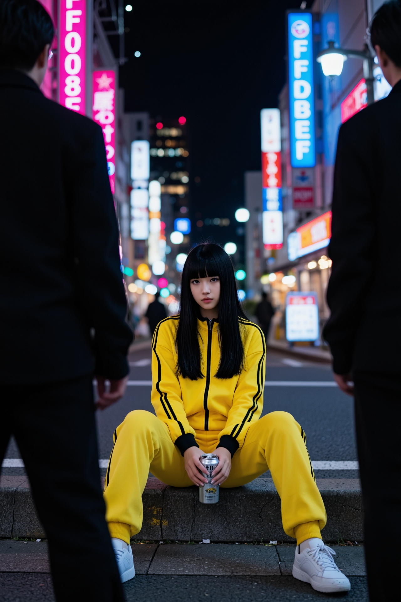 主体：霓虹街头少女人像,  2:3 竖版构图,  以黄色运动套装少女坐在人行道路缘为核心 on Tensor.Art