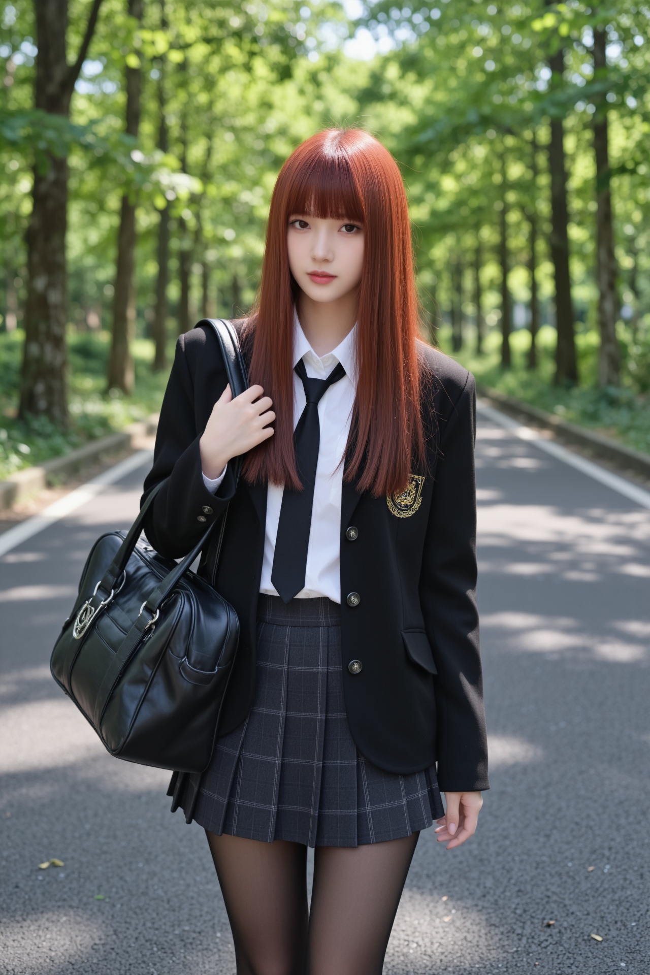 画幅比例2:3,  主体为一位气质清冷甜美的年轻东亚女高中生,  造型是一头顺滑的红棕色(#CD5C5C) 齐刘海长直发 on Tensor.Art