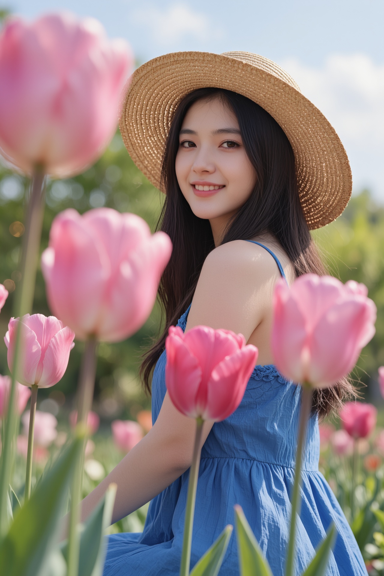 一位年轻女性站在盛开的粉色郁金香花田中,  她戴着一顶宽边草帽,  深色长发自然垂落 on Tensor.Art