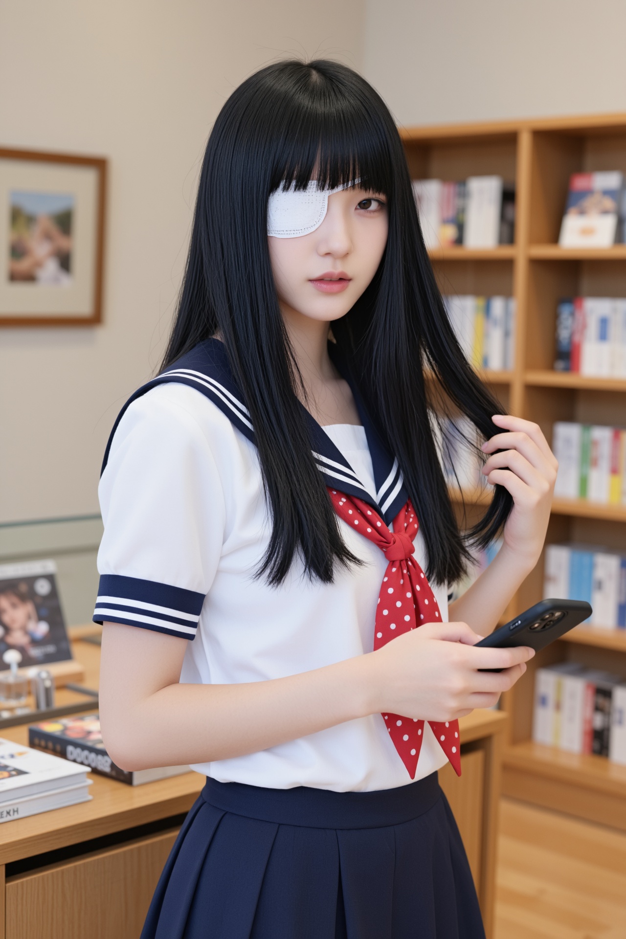 画幅比例2:3,  主体为一位气质清冷的年轻东亚女高中生,  造型是乌黑顺滑的齐刘海黑长直 on Tensor.Art