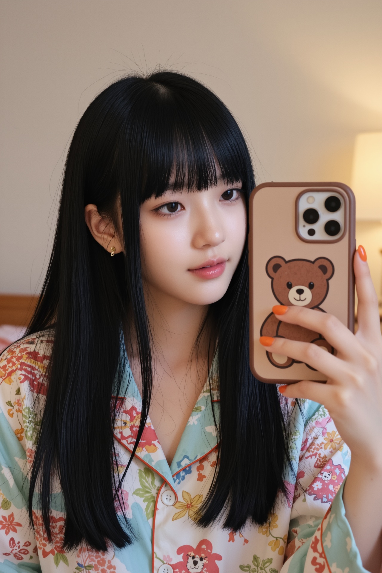 主体：一个黑长直空气刘海,  自带清透甜美的少女感气质的东亚美女。 造型：穿着撞色印花丝绸睡衣,  清新又复古；搭配小熊印花手机壳 on Tensor.Art