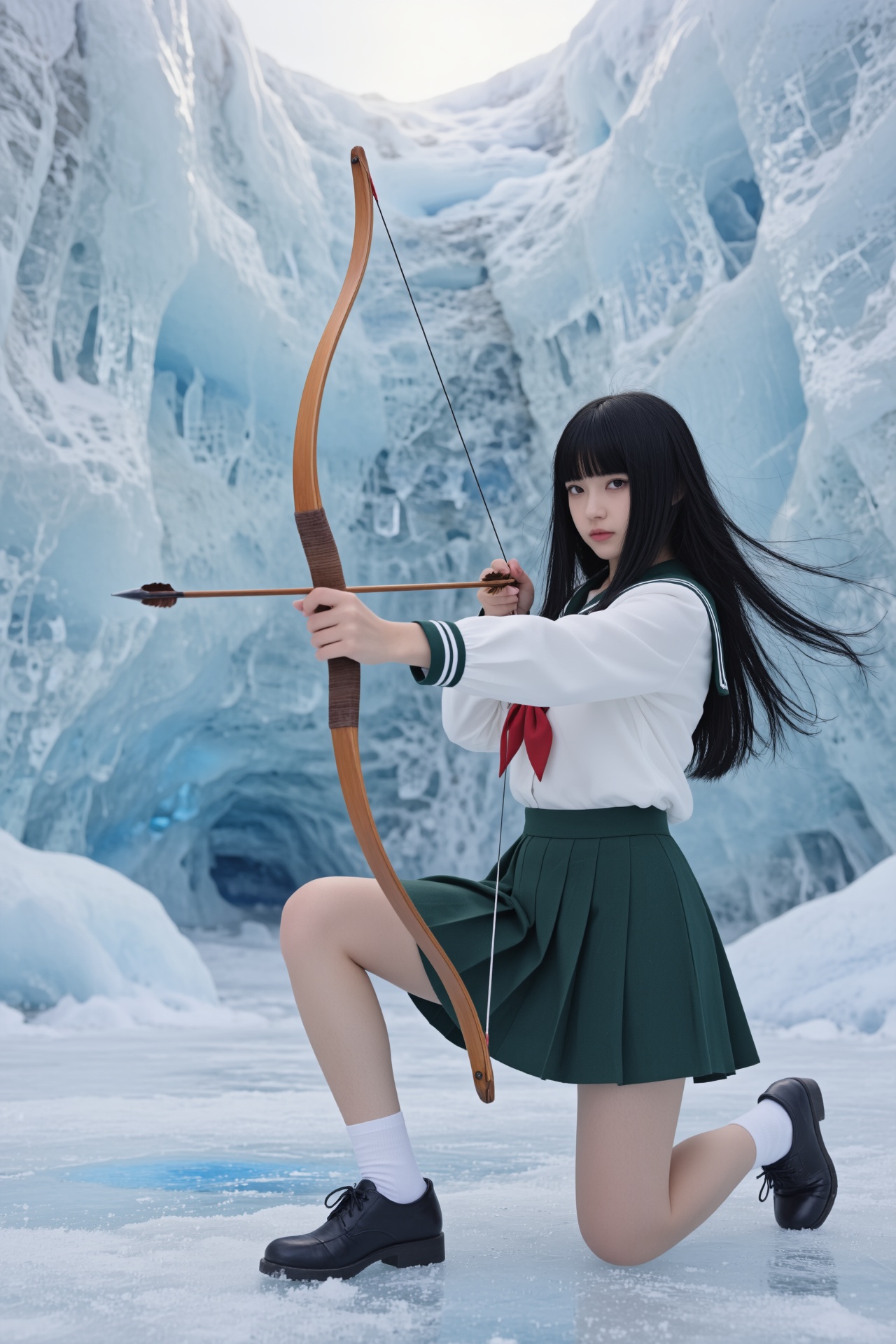 一位身着经典日式水手服的少女在冰雪世界中展现出冷峻而优雅的姿态,  她穿着白色长袖上衣搭配深绿色百褶裙和红色领结,  袖口有双条深色饰边 on Tensor.Art