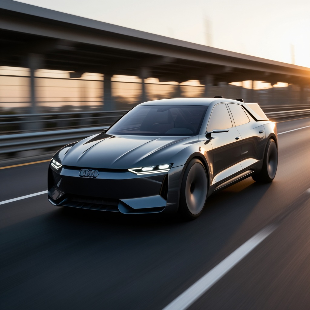 A professional dynamic panning shot of a futuristic Audi concept vehicle,  blending the low-slung aerodynamic design of a...