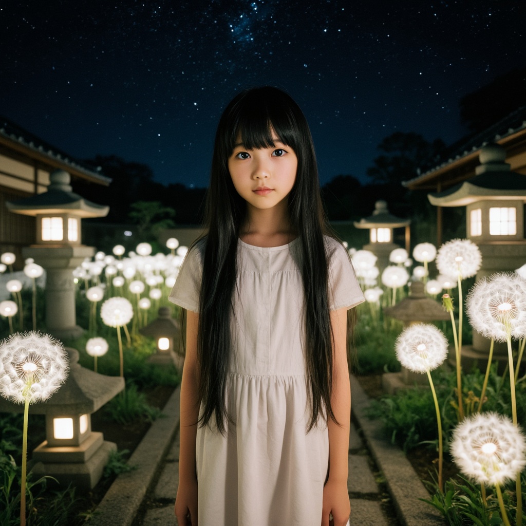 A medium full-body portrait of a young Japanese girl with long,  straight black hair,  looking directly into the camera wi...