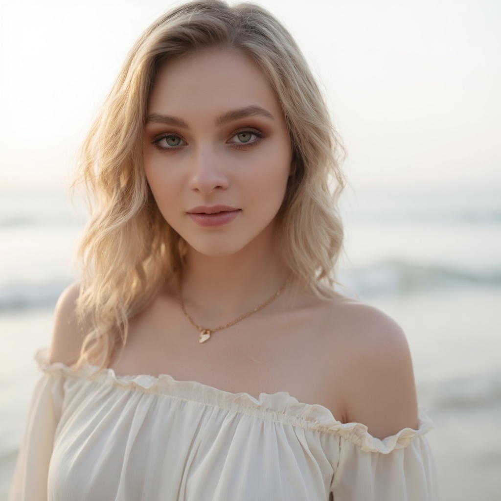 A raw,  soft-focus portrait of a woman with an oval face,  medium blonde hair with loose beach waves on Tensor.Art