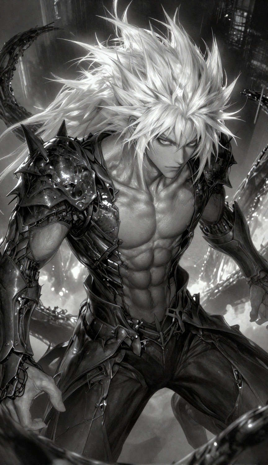 A low-angle,  medium full shot captures this digital anime-style illustration from a dramatic,  slightly tilted perspectiv...