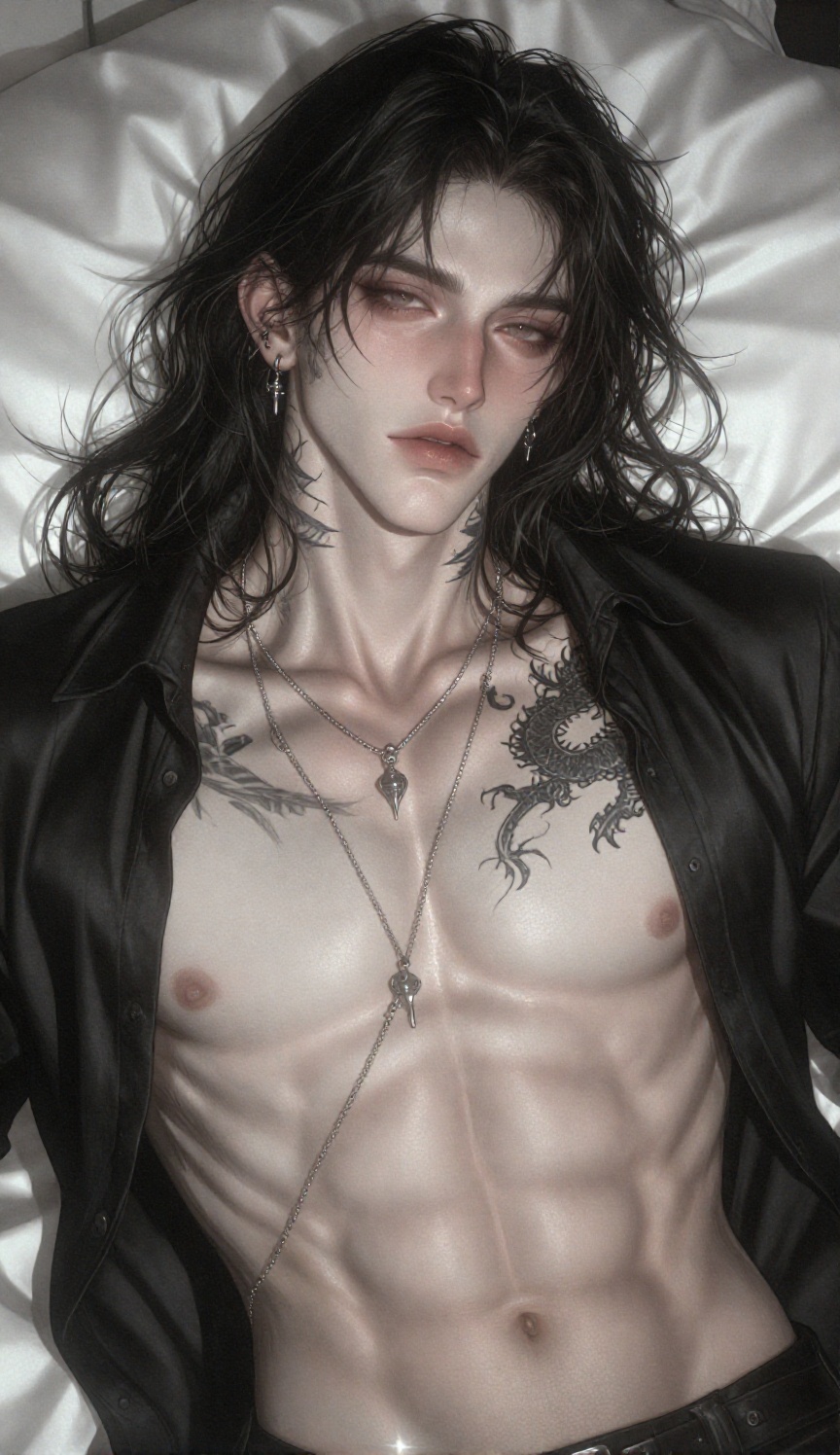 a striking,  high-fidelity digital illustration of a young man with sharp,  aristocratic features lying down against white...