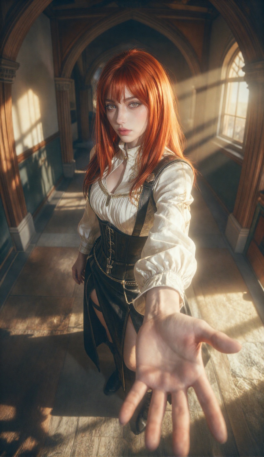 A full-body,  high-angle shot with a dramatic downward fish-eye perspective captures a young woman reaching her hand out t...
