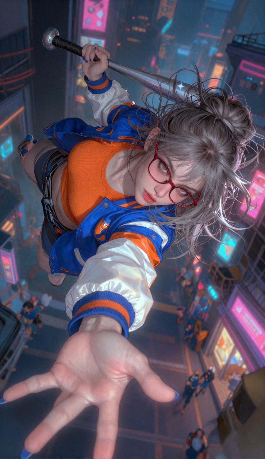 A three-quarter length,  high-angle shot with a dramatic downward and slightly tilted perspective captures a young woman f...