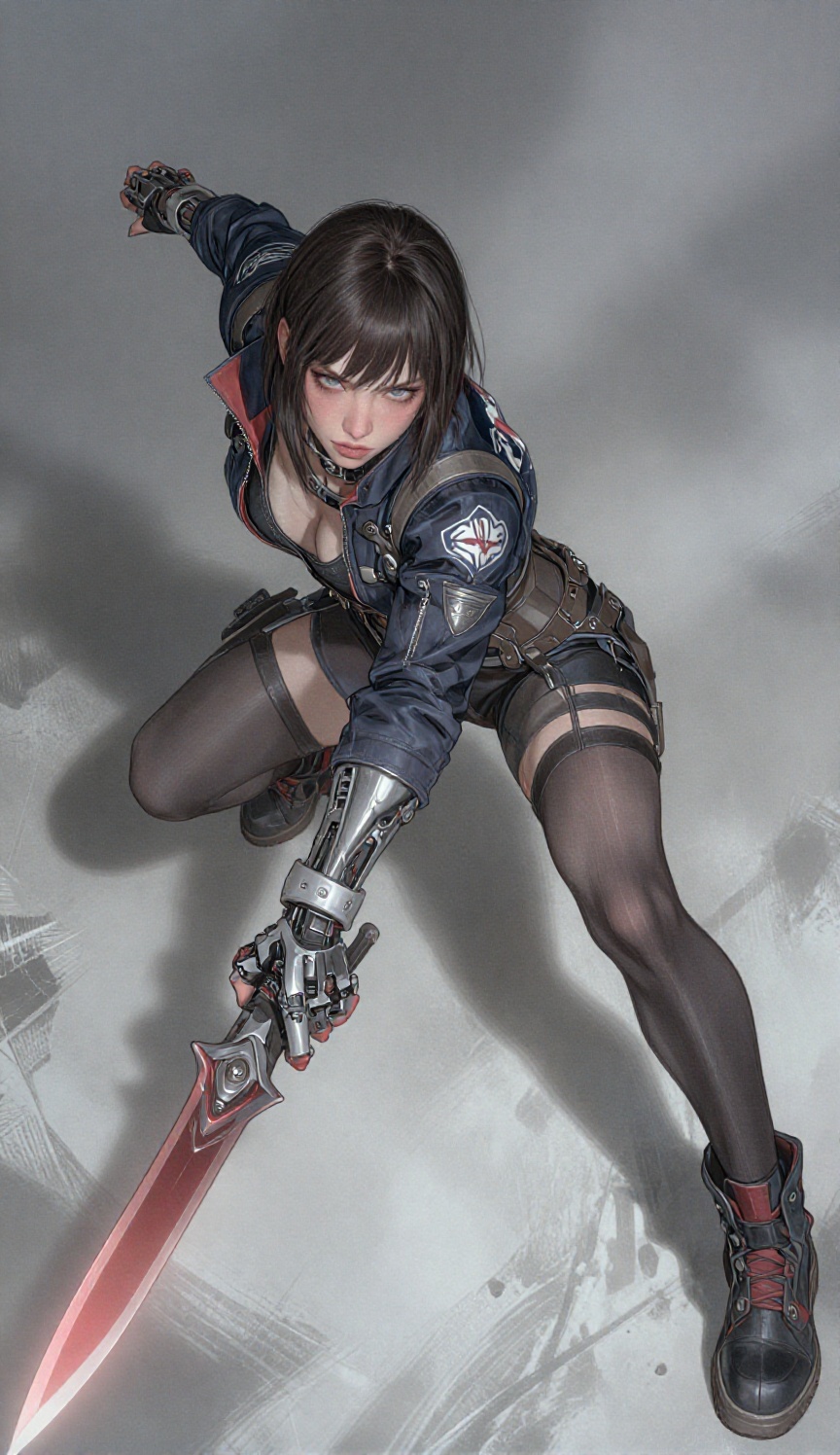 A full-body,  high-angle shot with a dramatic downward and slightly canted perspective captures a futuristic female warrio...