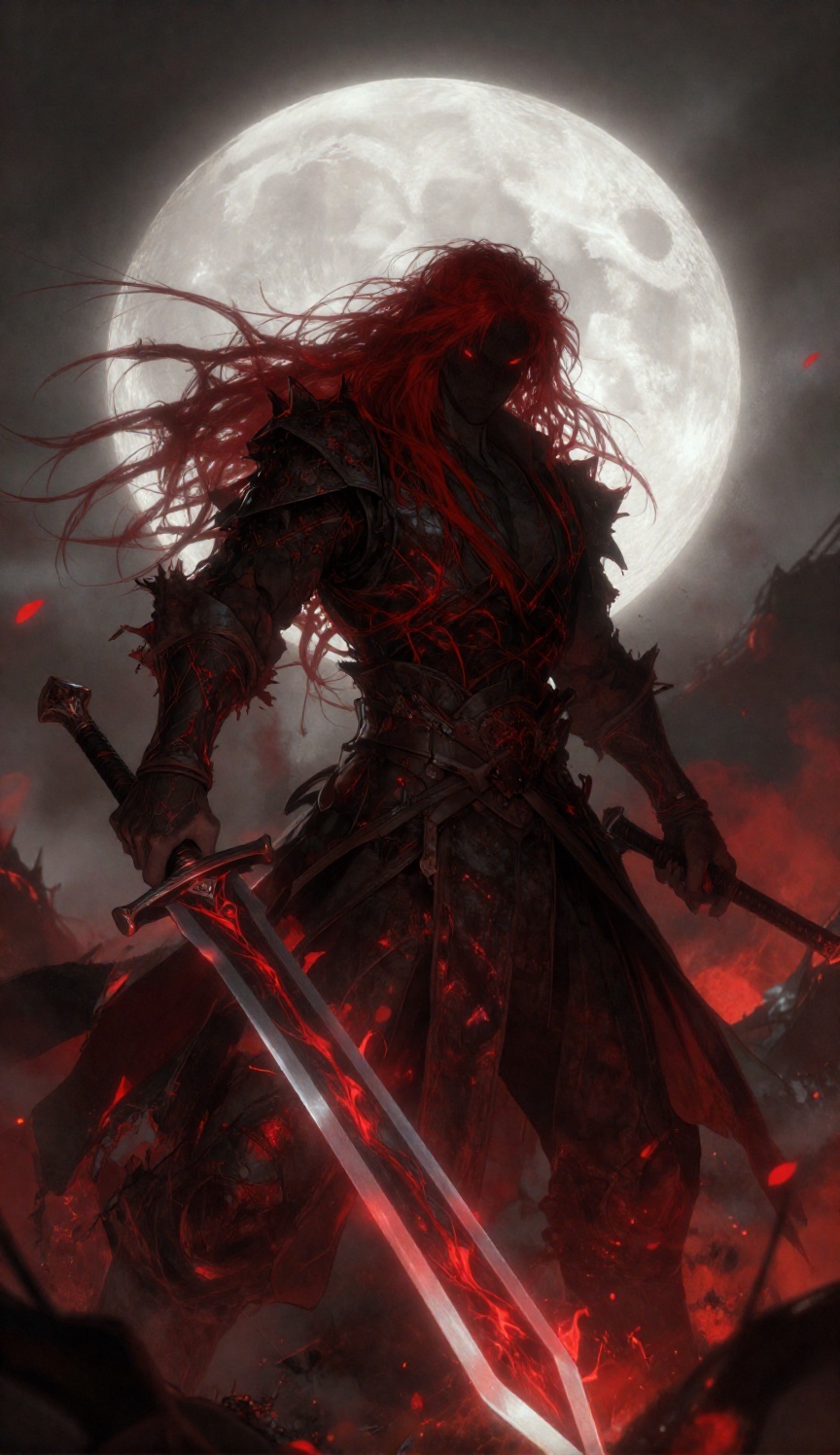 A full-body,  low-angle shot with a dramatic upward perspective captures a menacing silhouette of a warrior standing amids...