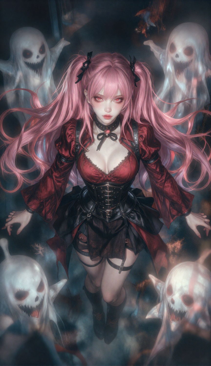 A full-body,  high-angle shot with a vertical,  downward perspective captures a gothic woman floating or standing amidst a...