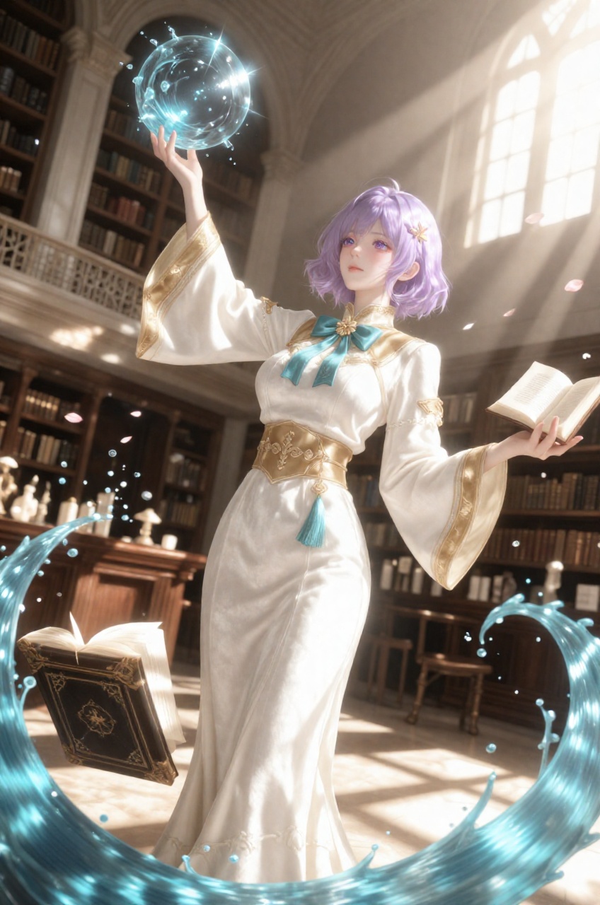 an anime illustration of a medium full shot captured from a low-angle,  three-quarter view angle frames a mystical young m...