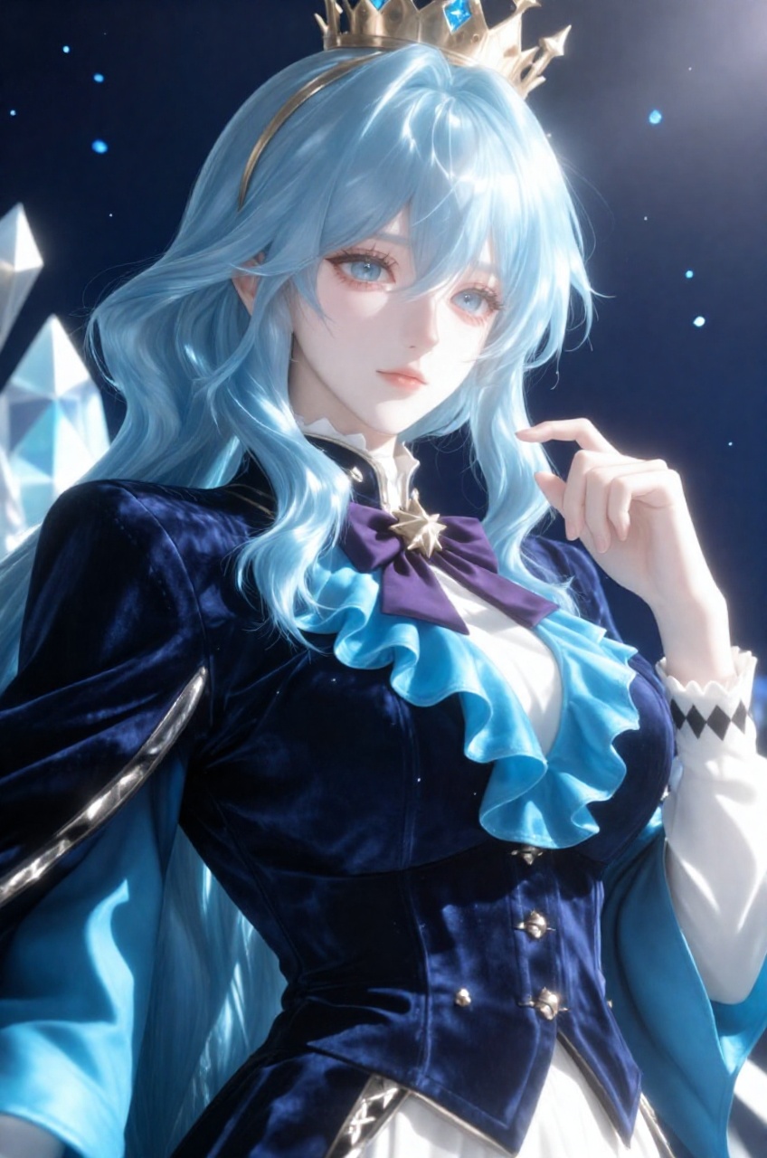 an anime illustration of an eye-level close-up shot captures a regal young woman with messy,  layered ice-blue hair lookin...
