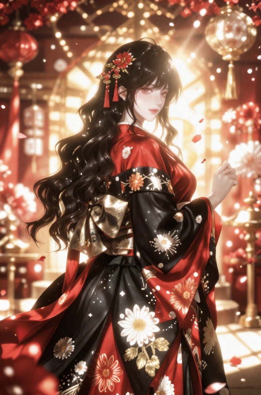 an anime illustration of a graceful young woman captured from a medium shot camera view angle,  providing a multi-layered...
