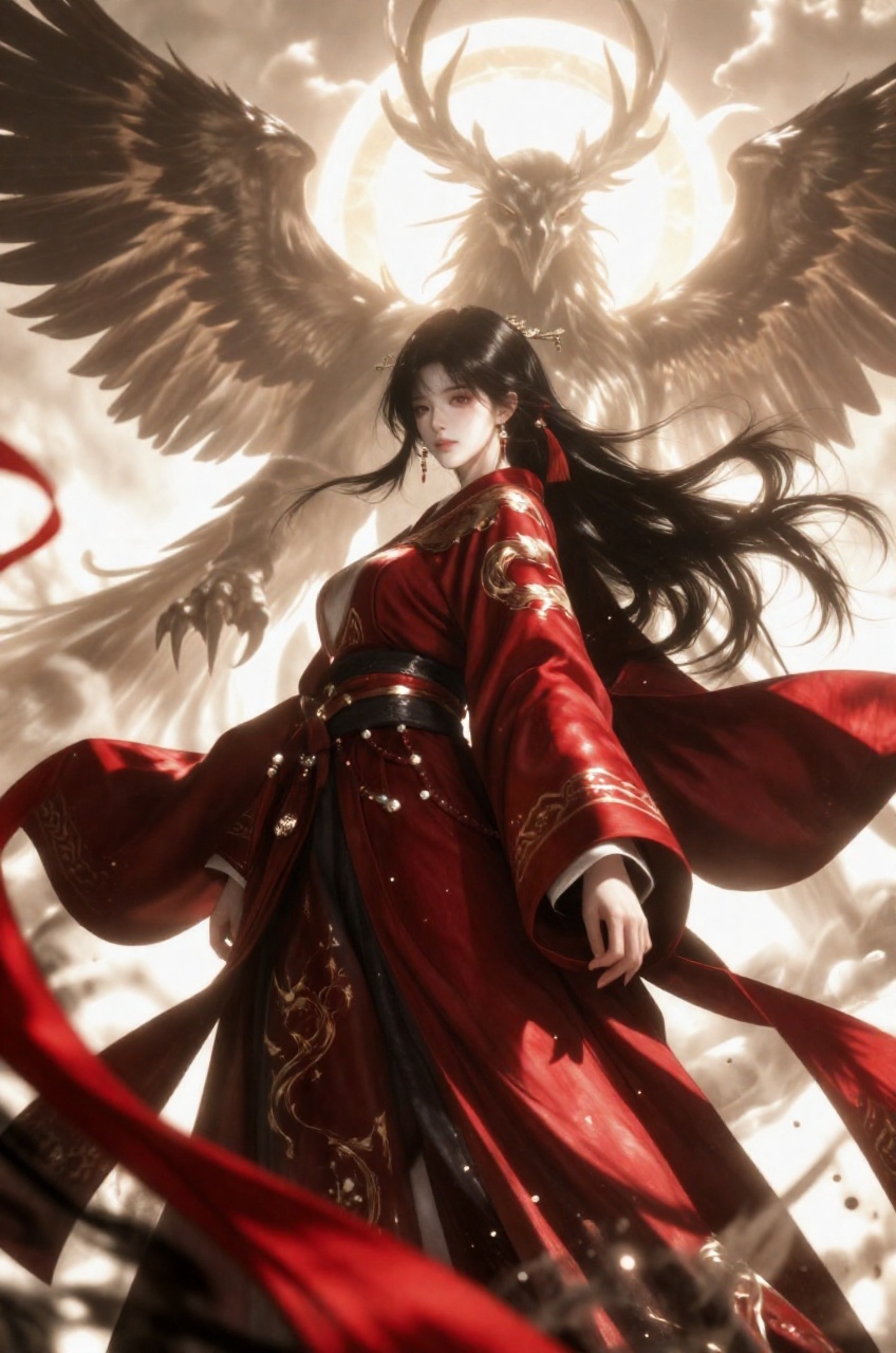 an anime illustration of a powerful warrior woman captured from a slightly low-angle medium full shot camera view angle,...