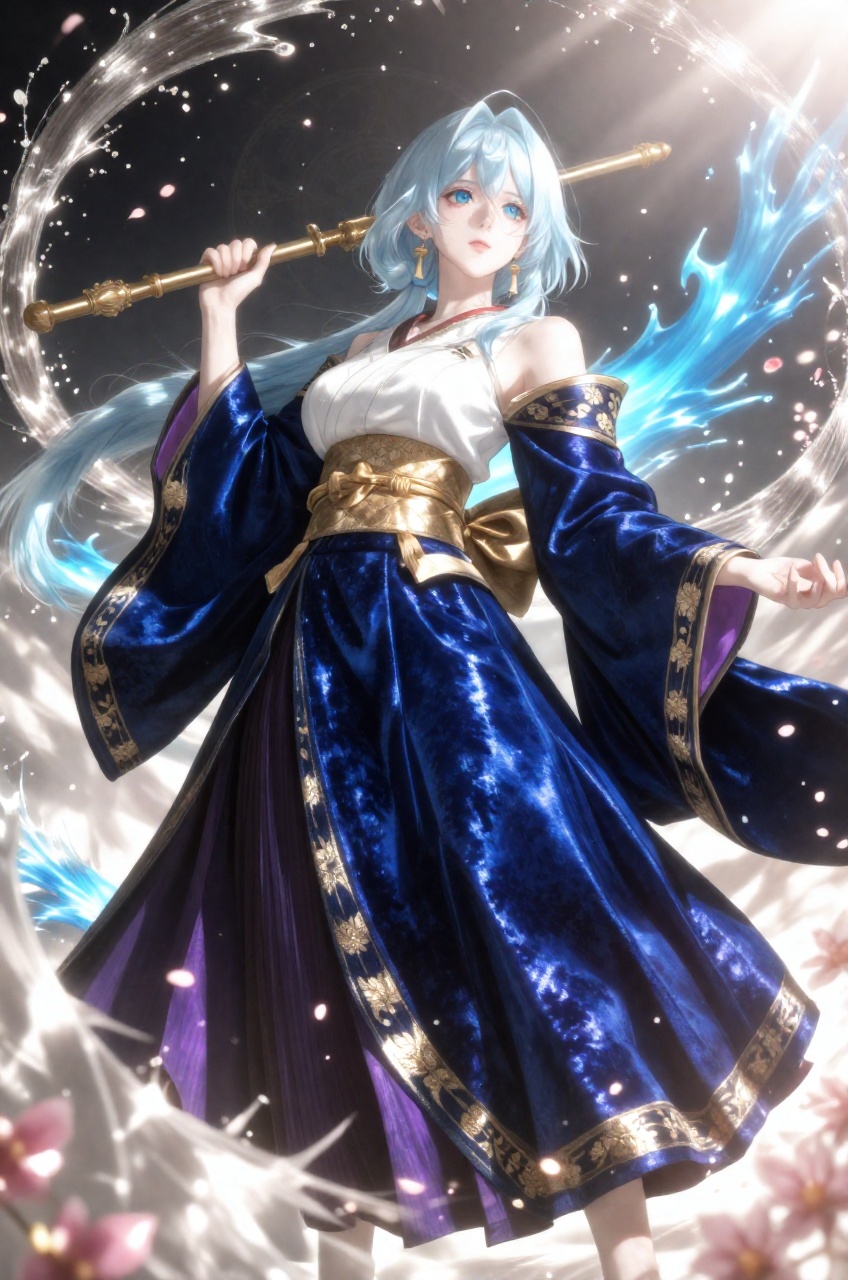 an anime illustration of a dynamic low-angle view creates a powerful heroic perspective with a shallow depth of field that...