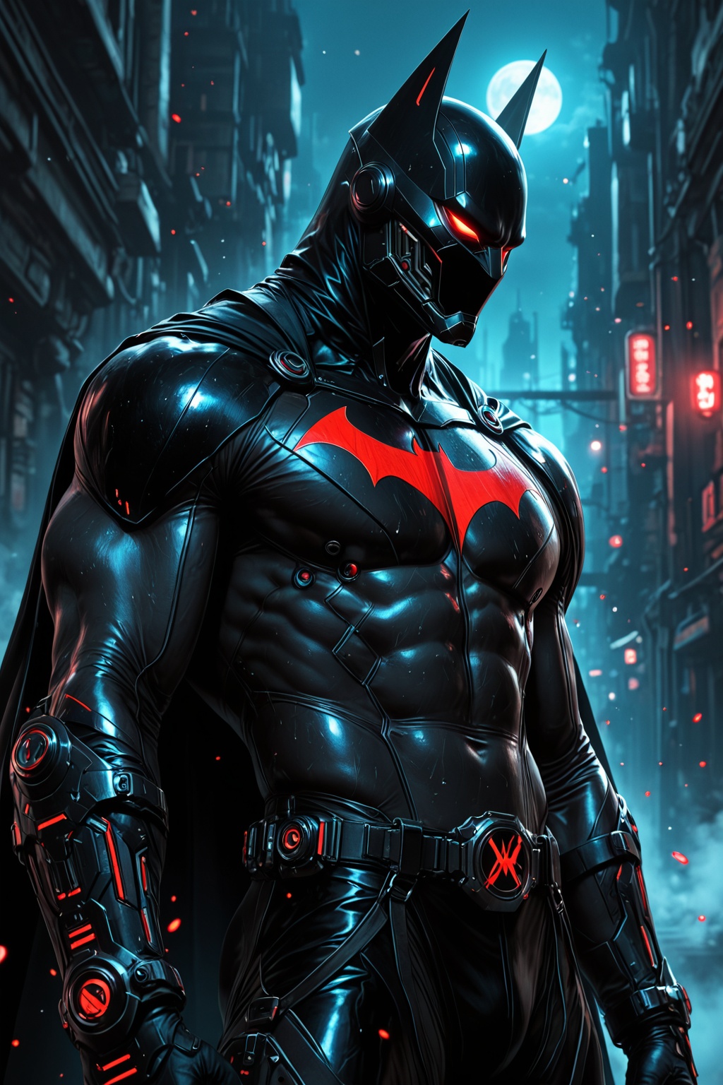 ........... 1 male,  Batman Beyond in futuristic armor,  neon white bat emblem glowing on Tensor.Art