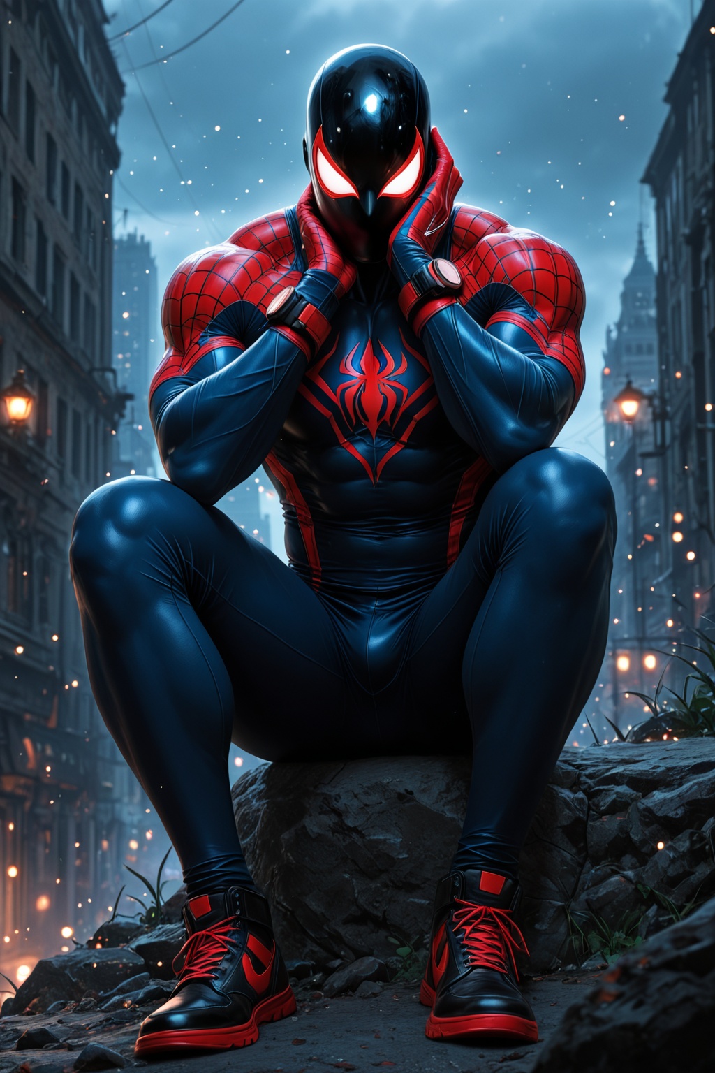 ........... ,  solo 1boy sitting full body male focus outdoors sky day cloud blue sky muscular mask bodysuit muscular male...