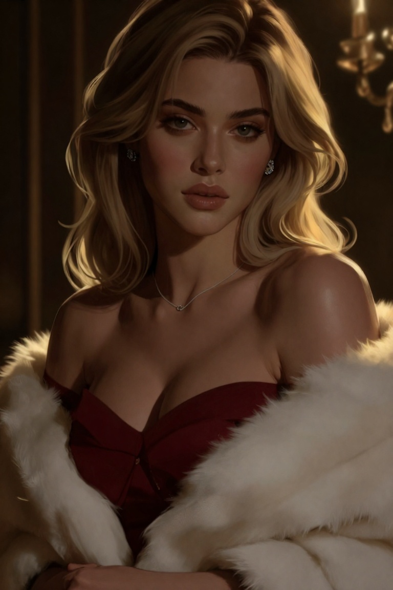 A stunning,  fair-skinned woman with flowing blonde hair and captivating eyes,  adorned with diamond earrings and a delica...
