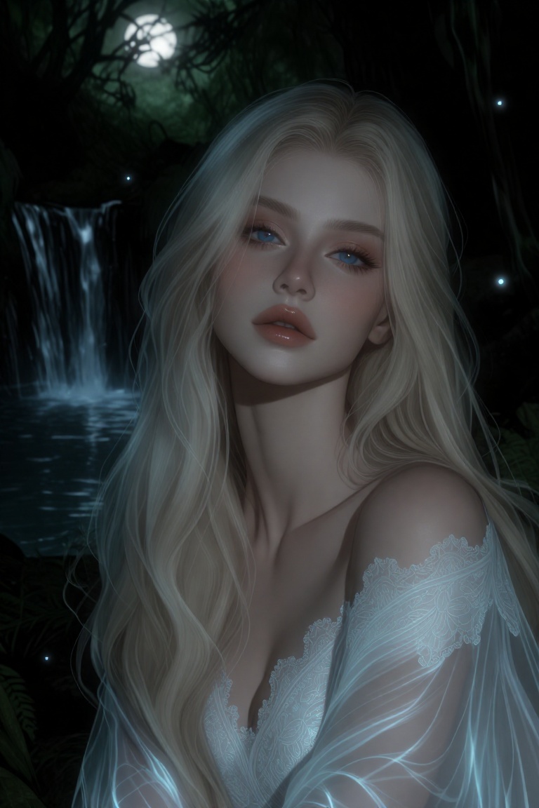 A young woman with flowing platinum blonde hair and striking blue eyes,  adorned in a sheer,  iridescent white gown with i...
