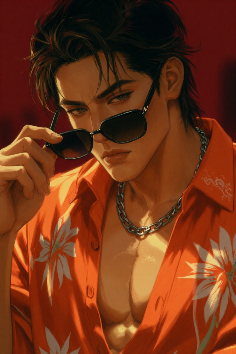 A stylish young man with dark,  tousled hair,  wearing sunglasses and a vibrant orange Hawaiian shirt on Tensor.Art