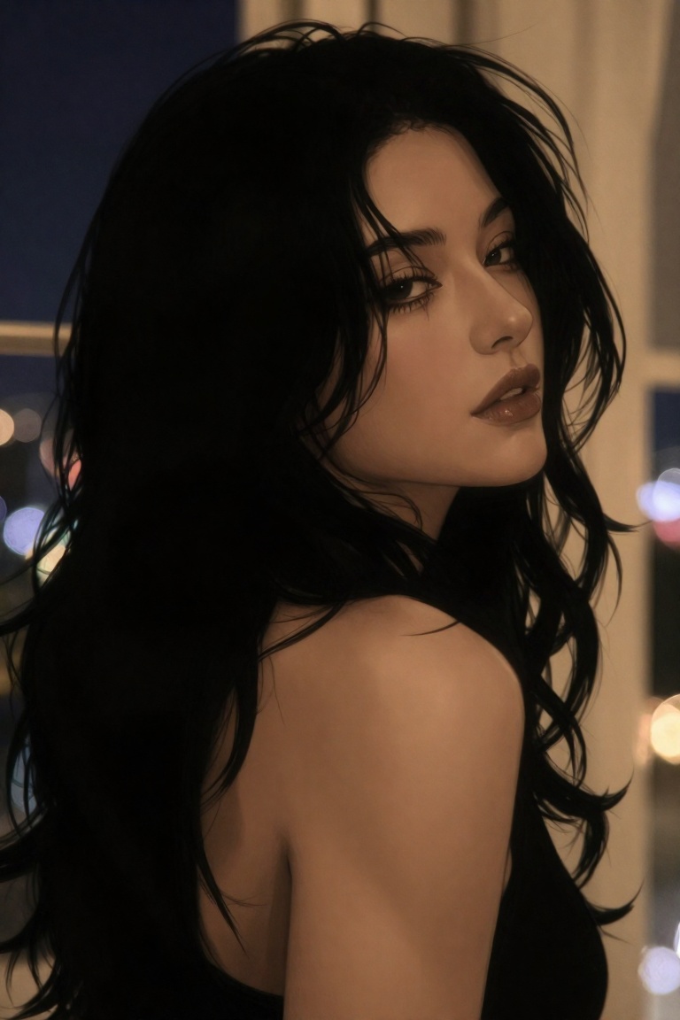 A portrait of a young woman with long,  dark,  curly hair on Tensor.Art