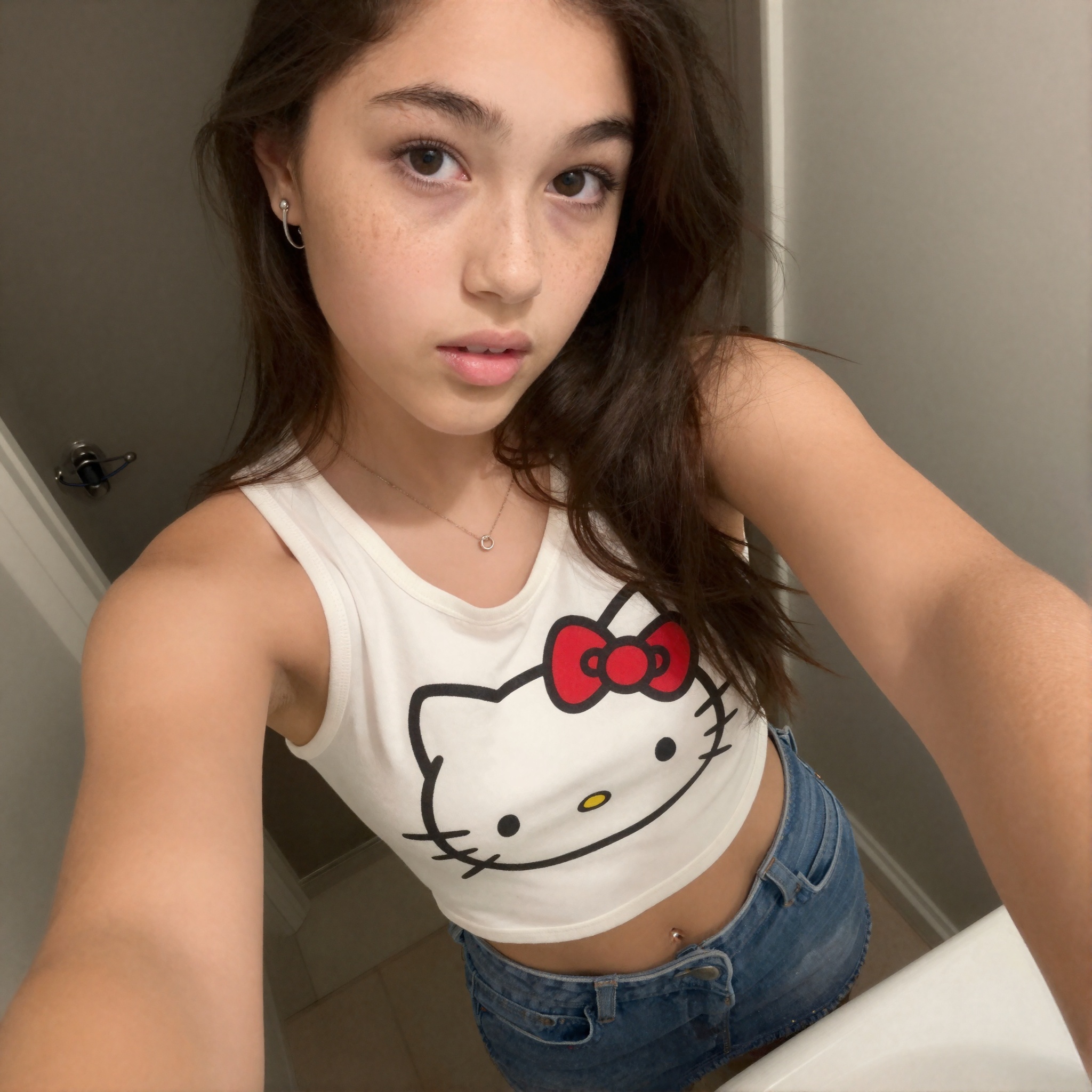Create a candid photograph of a freckled 16-year-old teenage girl,  capturing her in a moment of taking a selfie in a bath...