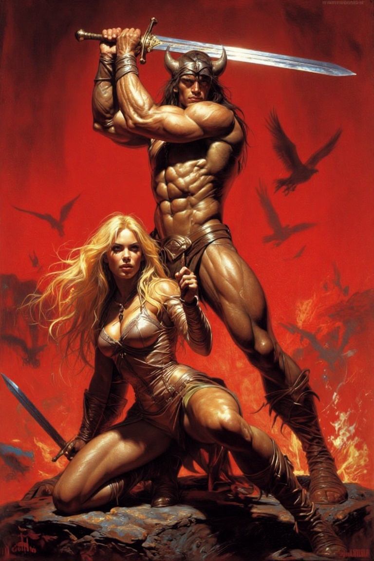 The image depicts a scene with two characters,  a male and a female,  standing on a rocky terrain. The male character is s...