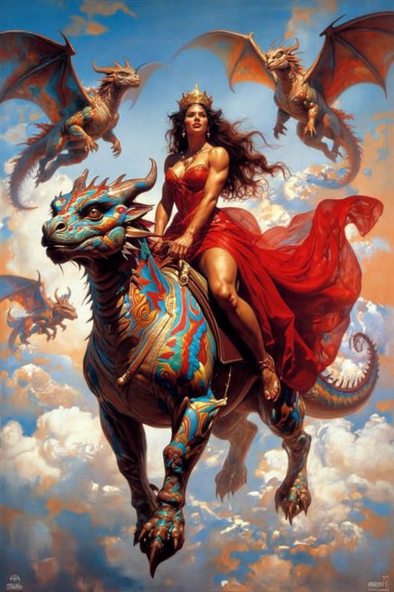 The image depicts a majestic scene with a woman riding a vibrant,  multicolored dragon through the sky. The dragon is ador...