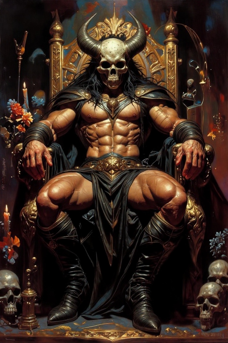 The image depicts a figure seated on an ornate throne,  adorned in elaborate black and gold armor. The figure wears a skul...