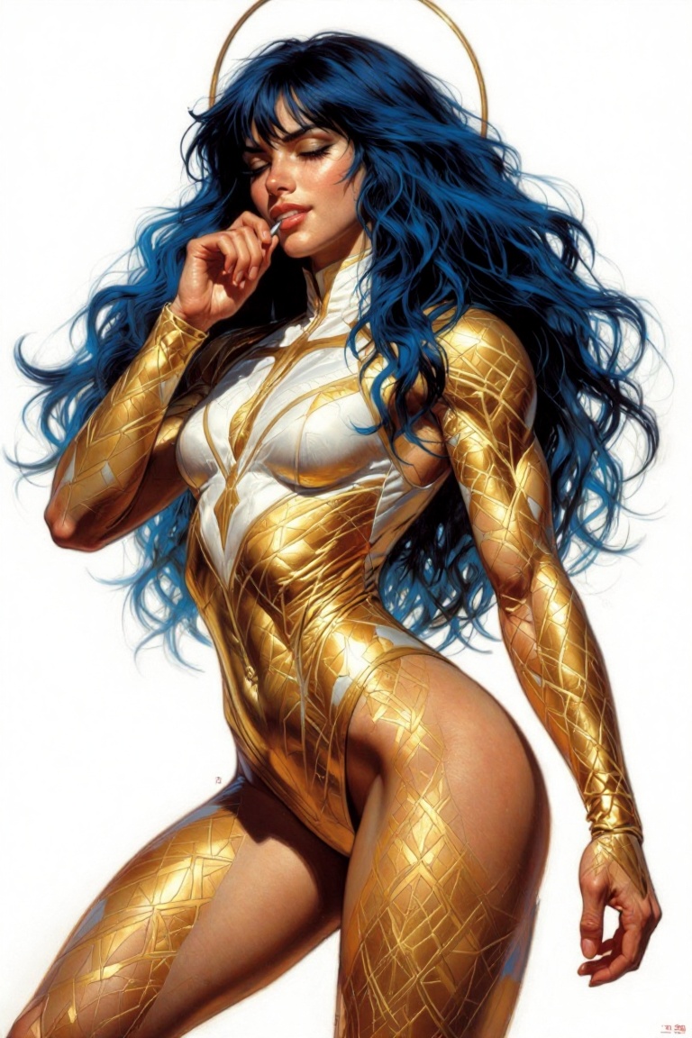 The image depicts a stylized,  anime-inspired character with long,  wavy hair that transitions from dark blue at the roots...
