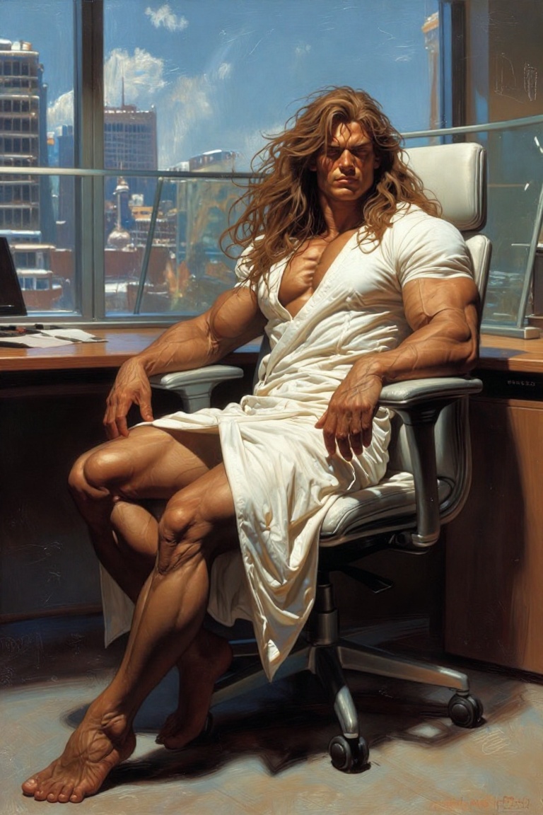 The image shows a person sitting in a modern office chair,  dressed in a white robe. The individual is positioned in front...