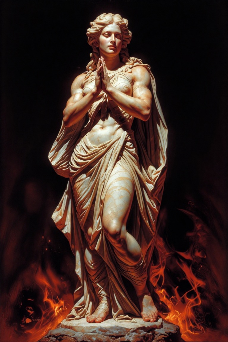 The image depicts a classical marble statue of a woman,  draped in flowing fabric,  with her hands clasped together in fro...