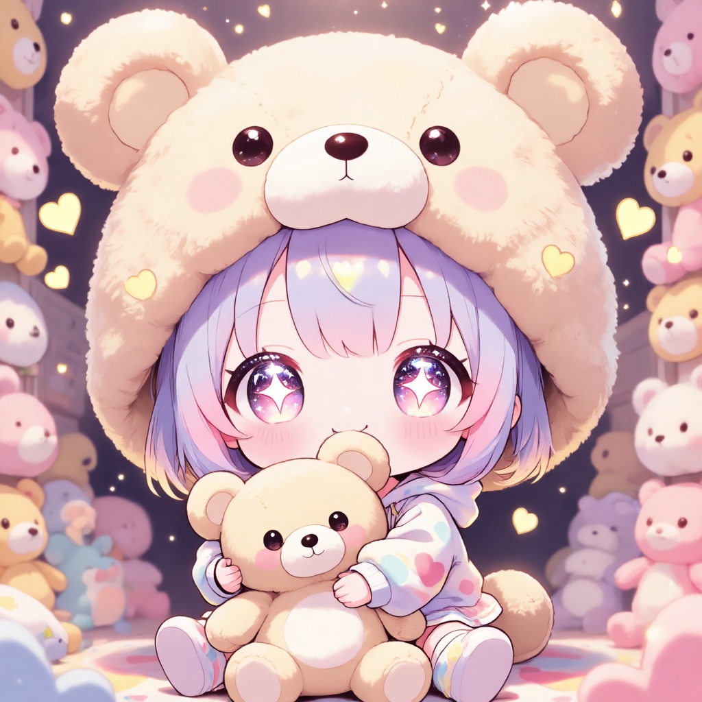 (cute hoodie outfit,  plush accessories),  (huge sparkling eyes on Tensor.Art