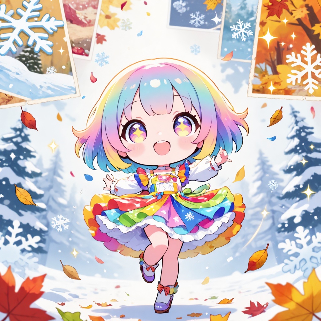 (season-themed outfit,  colorful ribbons),  (gigantic eyes on Tensor.Art